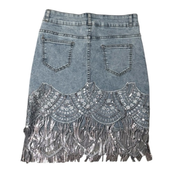 Sequin Fringe Hem Denim Mini Skirt Size L MICAS Jeans Concert Party Silver Blue - Picture 5 of 10